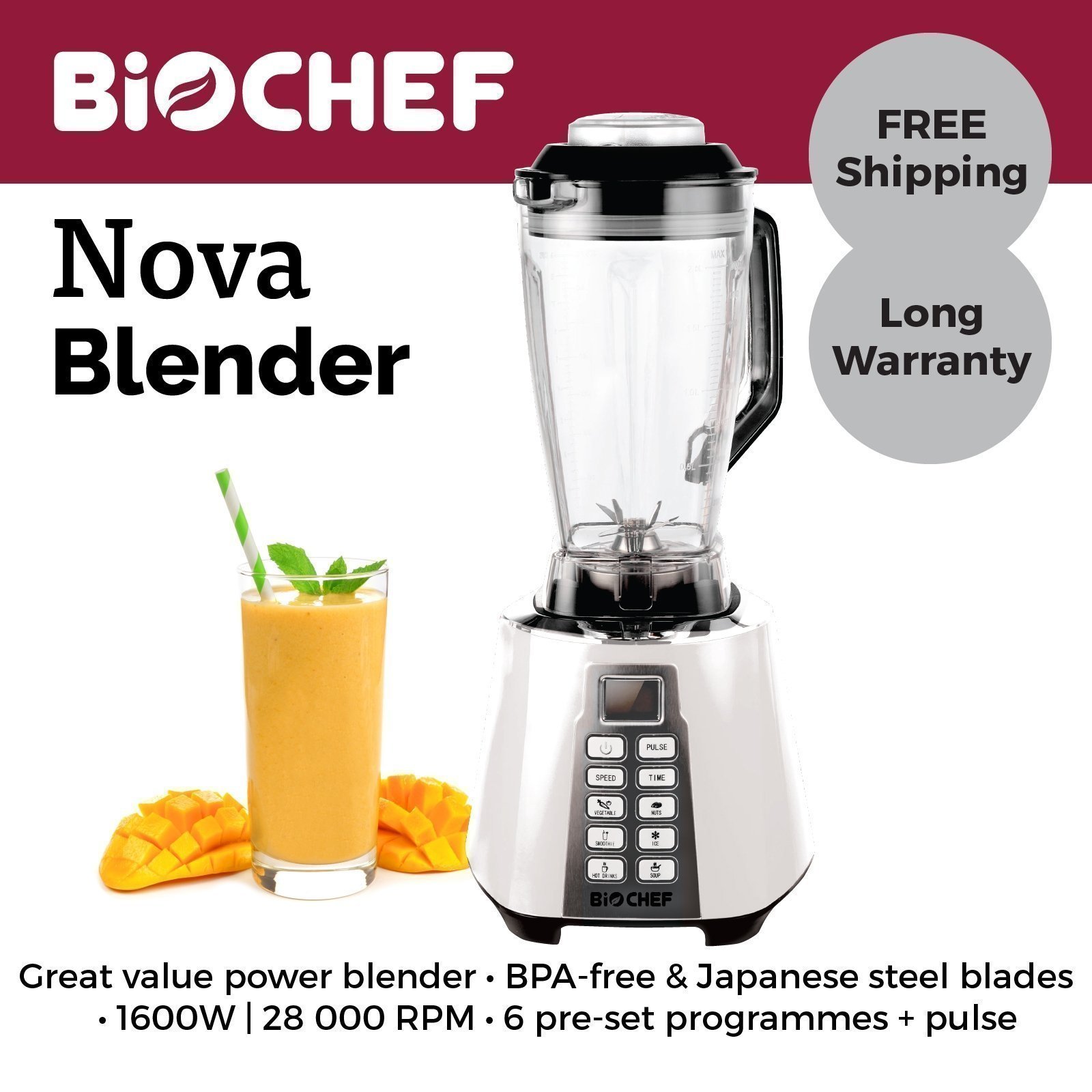 BioChef Nova Blender High Speed Power Blender and Smoothie Maker 1600 W 2L BPA-Free Jug with 6 Programs & Pulse Function 28000 RPM 